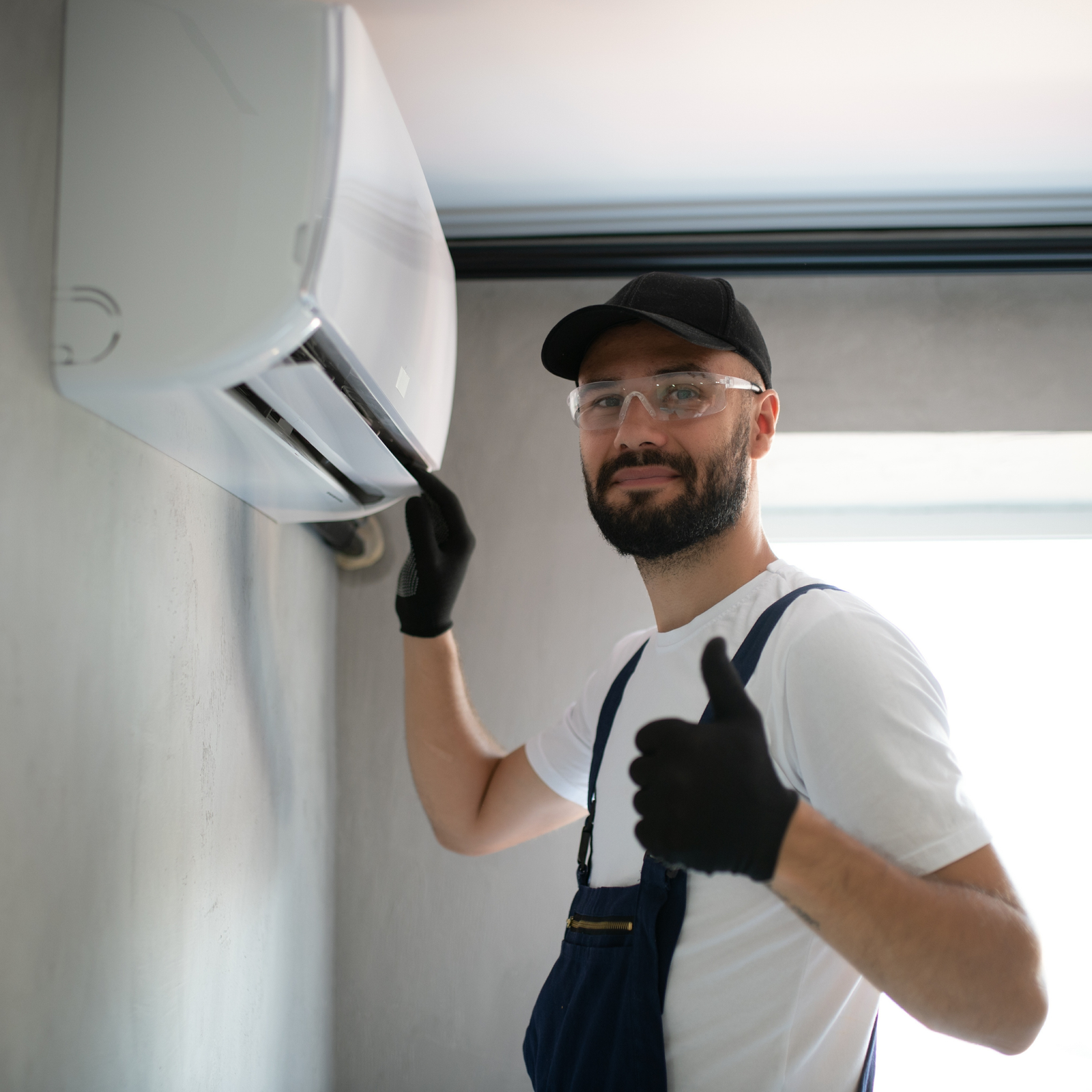 AC engineer undertaking a home owners air con unit servicing