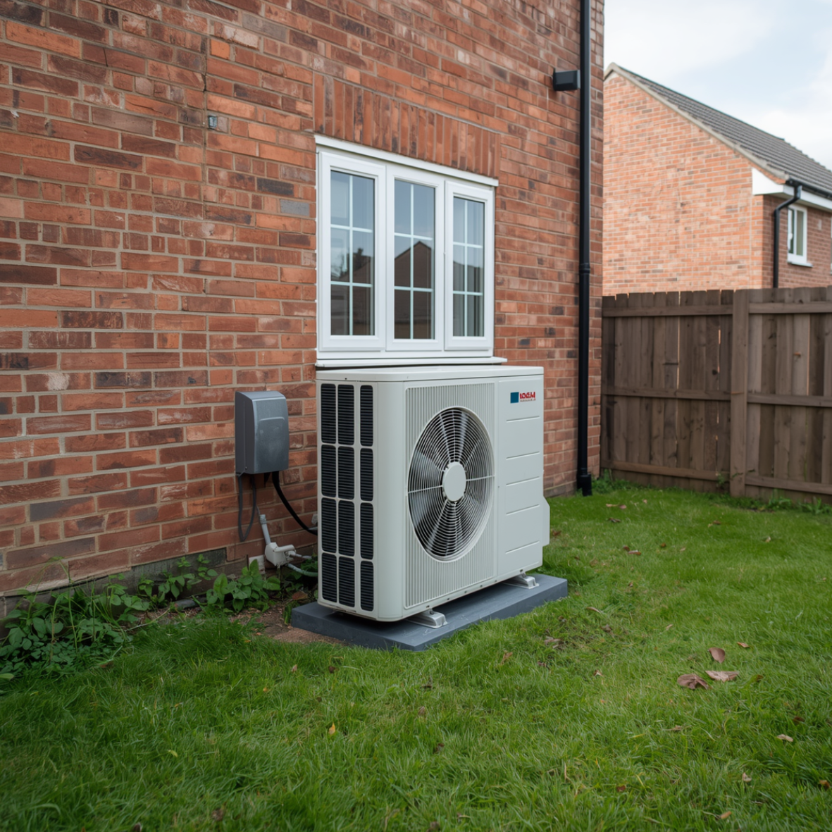 An air conditioning condensing unit outside of a private home who has air con