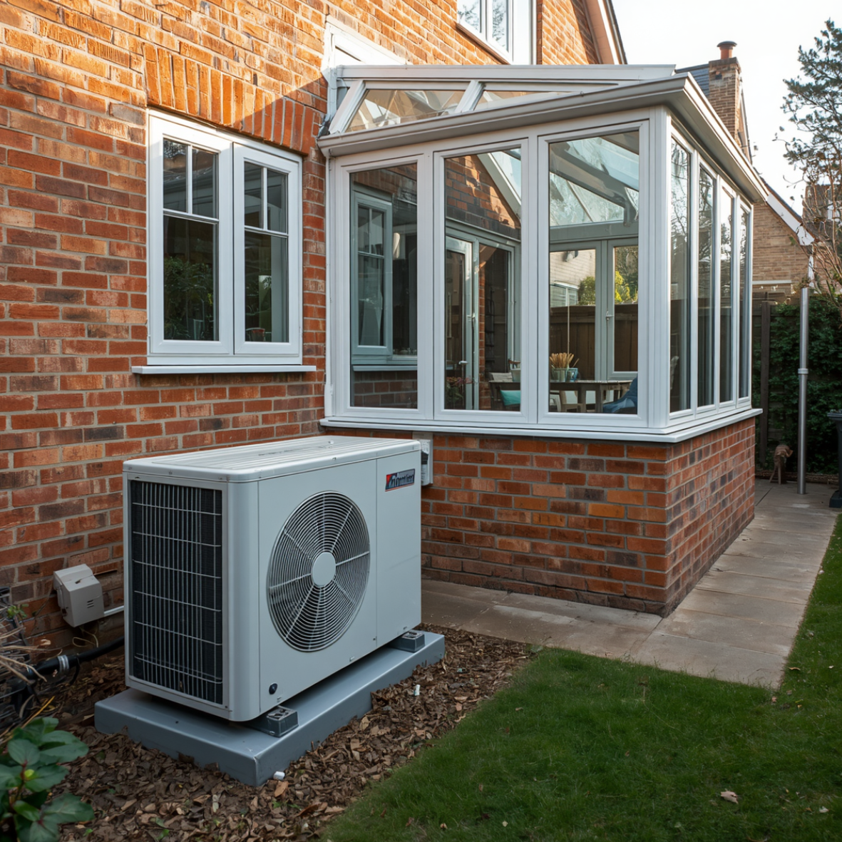 An ait conditioning condenser unit on the ground outside of a conservatory at a customers home